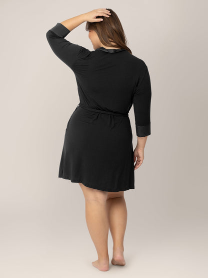 Black Emmaline Robe by Kindred Bravely, soft fabric, knee-length with long sleeves, tied waist, perfect for lounging or sleep.