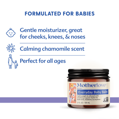 Baby skincare balm by Motherlove Herbal Company, natural baby balm in a small jar for gentle skin care.