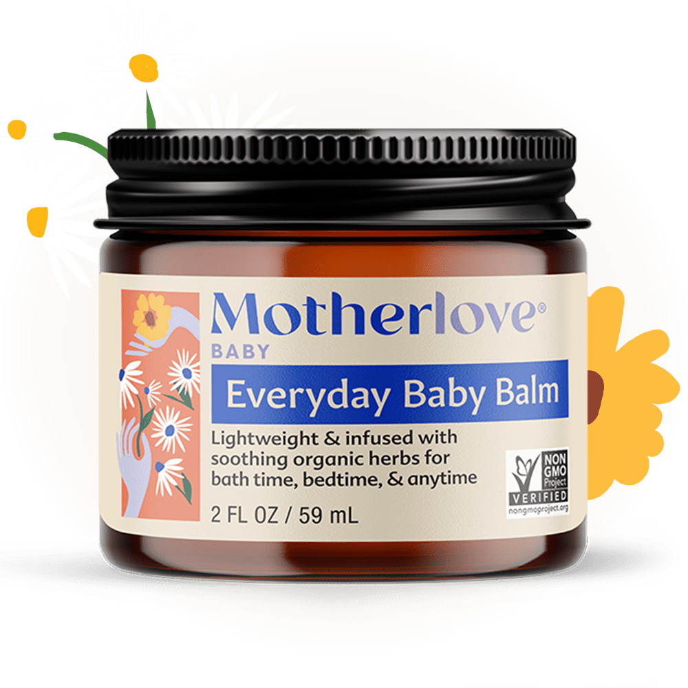 Baby skincare balm by Motherlove Herbal Company, soothing and moisturizing baby skin in a natural, gentle formula.