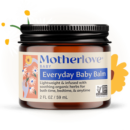 Baby skincare balm by Motherlove Herbal Company, soothing and moisturizing baby skin in a natural, gentle formula.