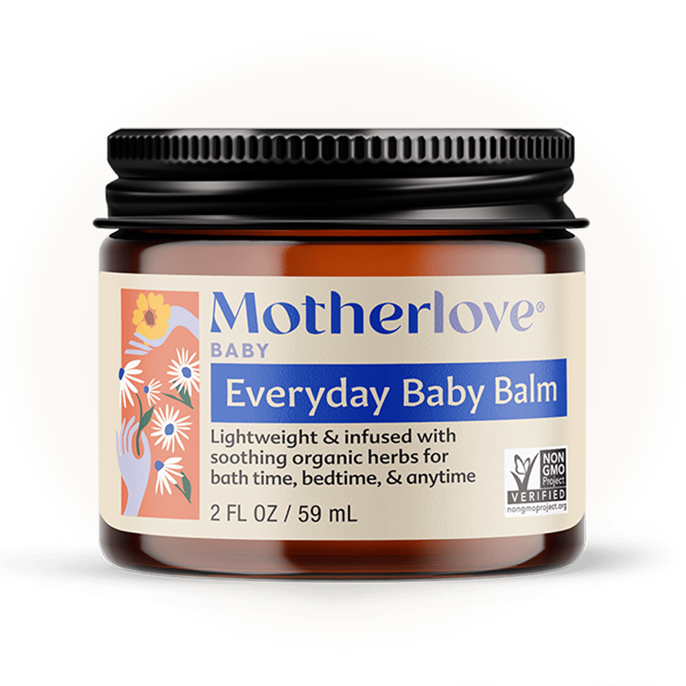 Baby skincare product: Motherlove Herbal Company Everyday Baby Balm in a jar, suitable for gentle skin care and soothing baby skin.