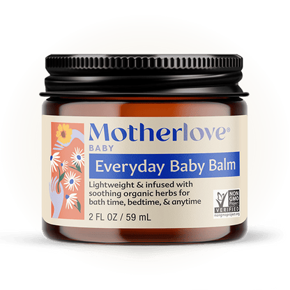 Baby skincare product: Motherlove Herbal Company Everyday Baby Balm in a jar, suitable for gentle skin care and soothing baby skin.