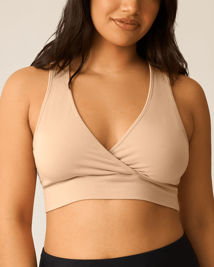 Beige French Terry Racerback Nursing and Sleep Bra by Kindred Bravely, soft fabric with comfortable racerback design.