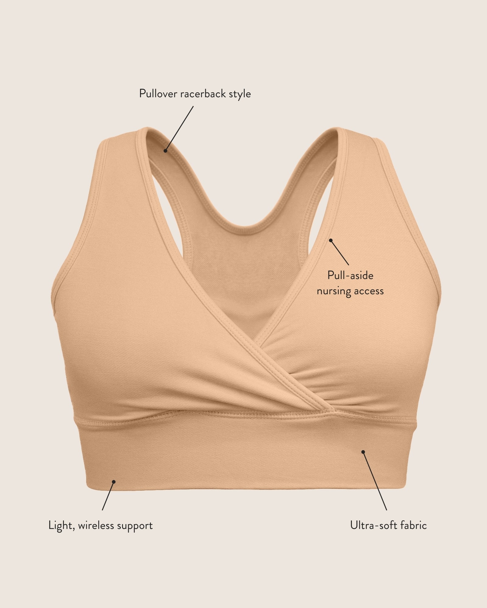 Beige French Terry Racerback Nursing & Sleep Bra by Kindred Bravely shown on a model, featuring soft fabric and supportive design.