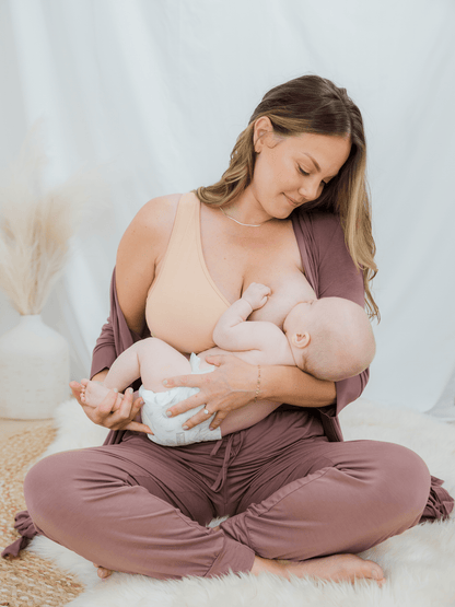 Beige French Terry Racerback Nursing and Sleep Bra by Kindred Bravely, featuring soft fabric and supportive design.
