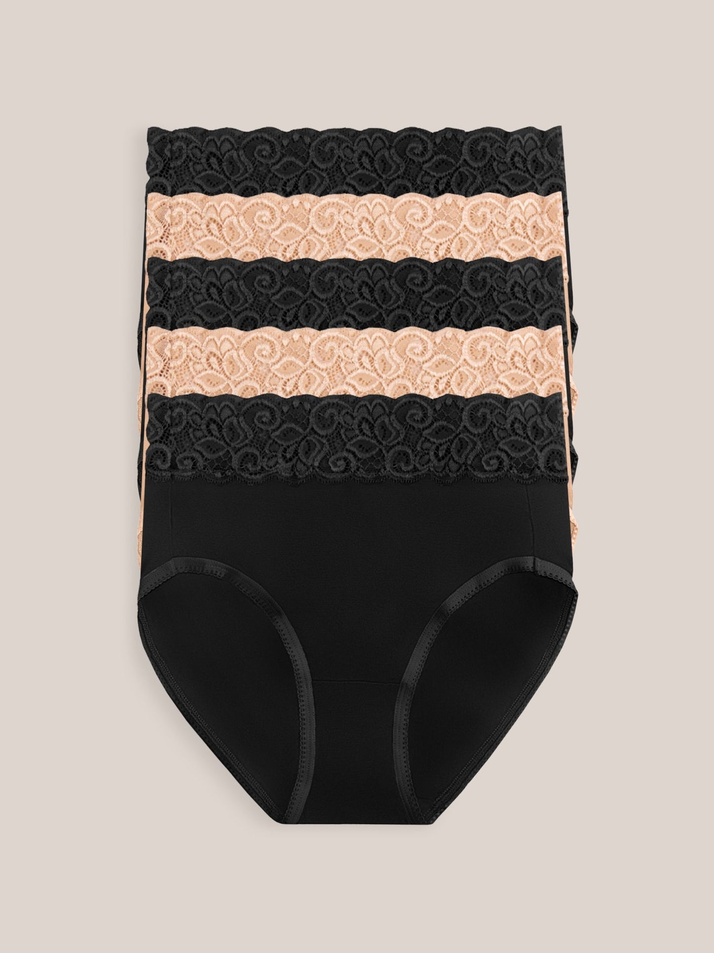 Set of high-waisted postpartum underwear by Kindred Bravely in assorted neutral colors, showcasing soft, comfortable fabric and fit.