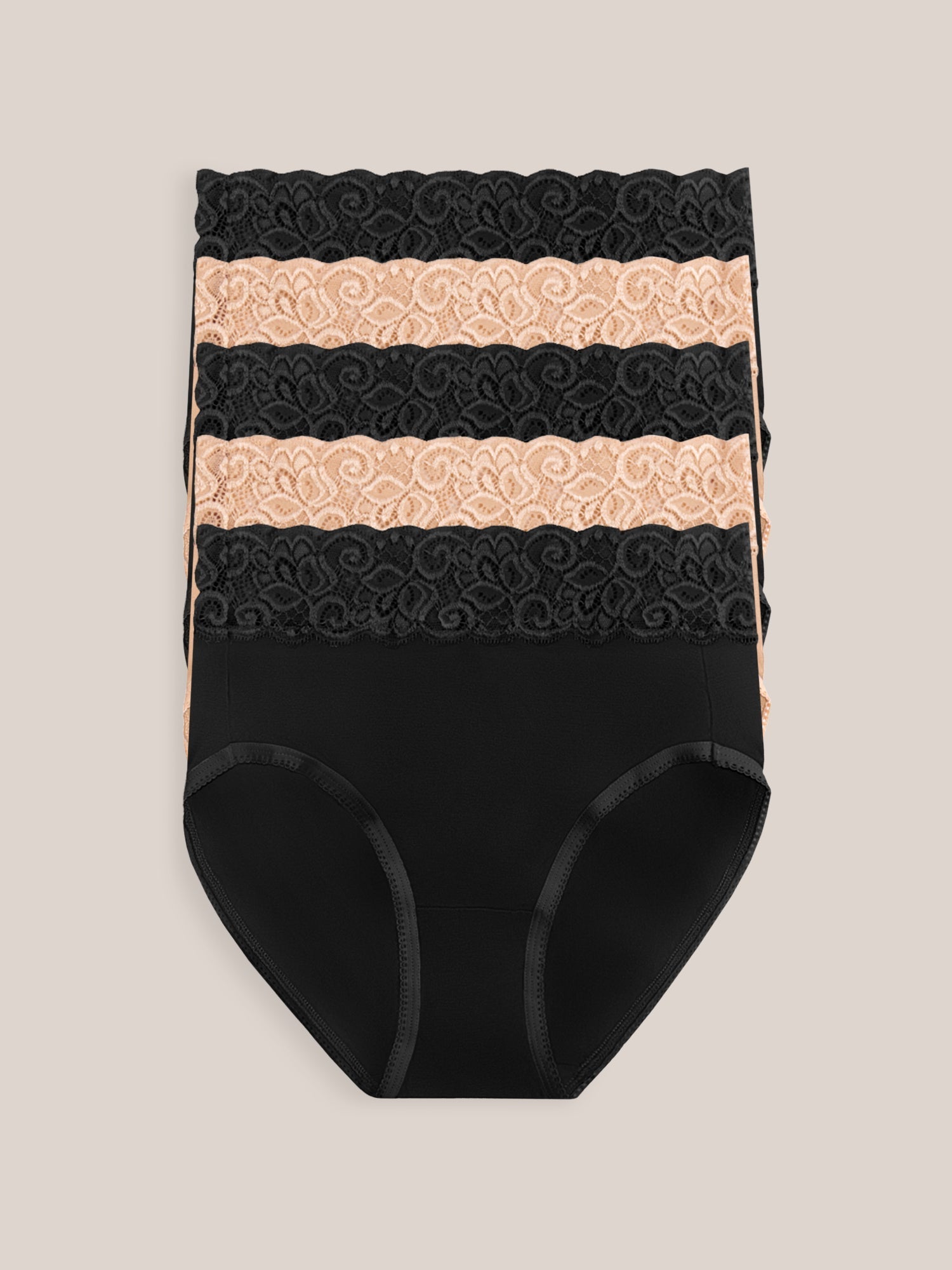 Set of high-waisted postpartum underwear by Kindred Bravely in assorted neutral colors, showcasing soft, comfortable fabric and fit.