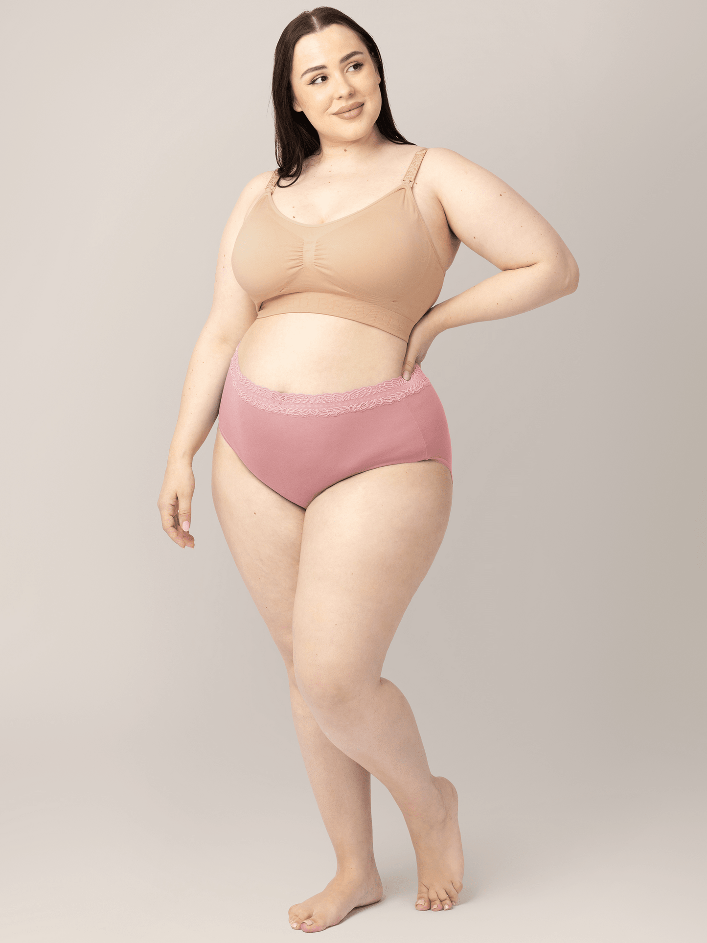 Set of high-waisted postpartum underwear in dusty hues by Kindred Bravely, featuring soft, comfortable fabric for postpartum support.