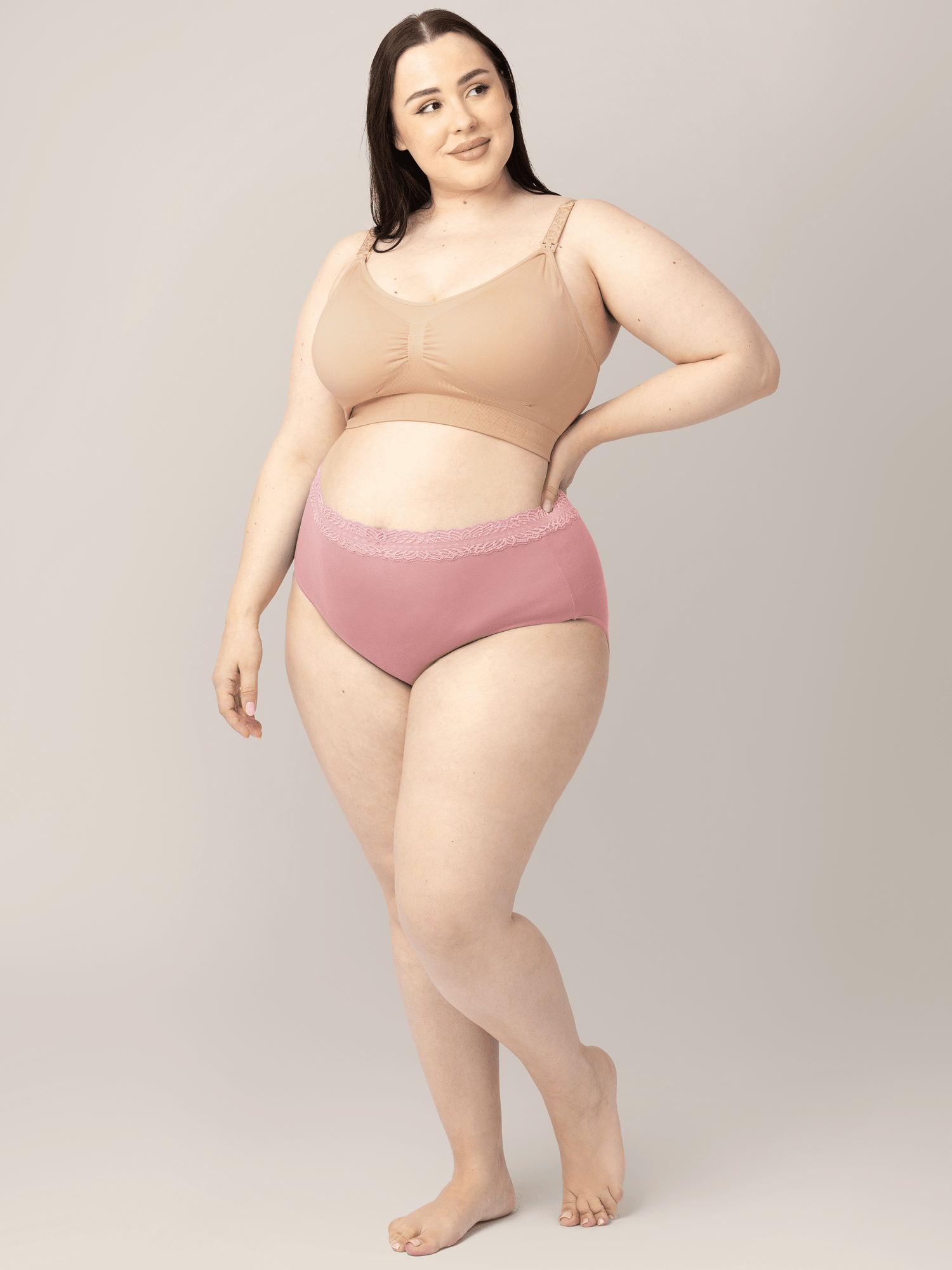 Set of high-waisted postpartum underwear in dusty hues by Kindred Bravely, featuring soft, comfortable fabric for postpartum support.