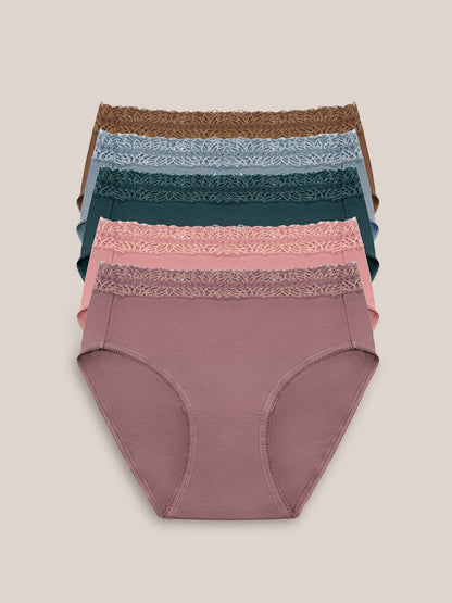 Set of high-waisted postpartum underwear in dusty hues from Kindred Bravely, shown in a pack with soft, comfortable fabric.