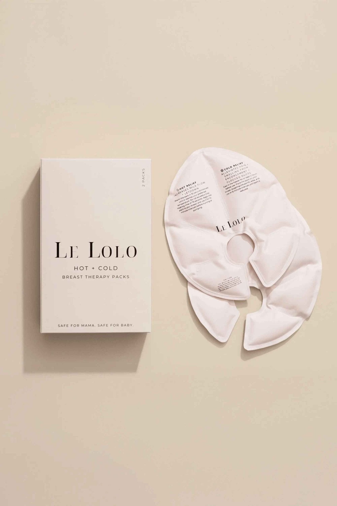 Le Lolo hot and cold breast therapy packs showing flexible gel packs with removable covers for soothing relief.