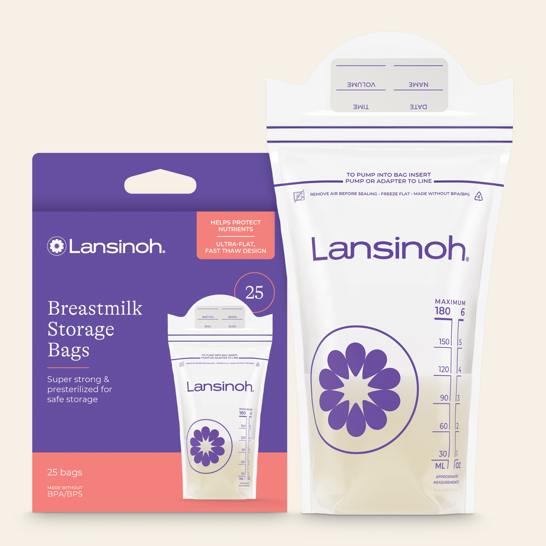 Aimee Nursing Gowns with Lansinoh breastmilk storage bags, clear plastic bags for storing expressed breast milk.