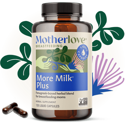Motherlove More Milk Plus liquid capsules for breastfeeding support, showing herbal supplement packaging and capsules.