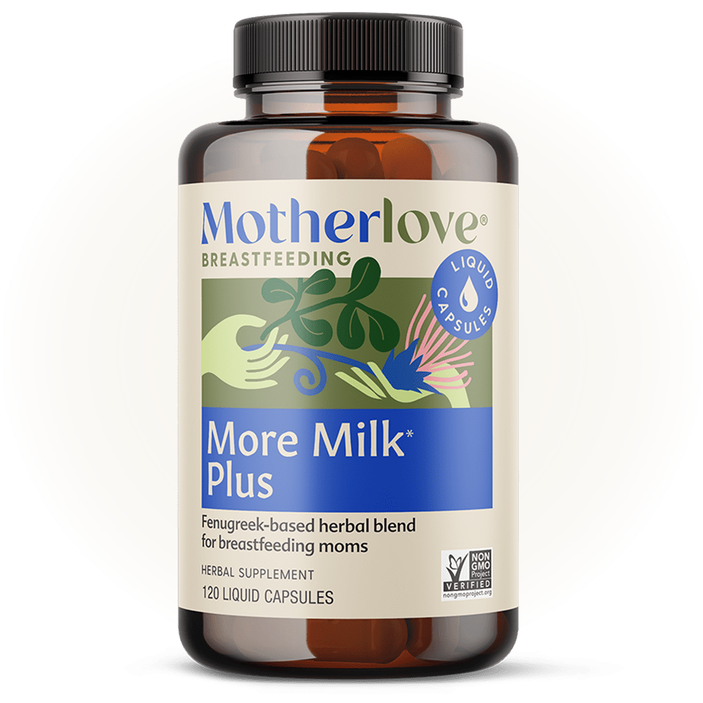 Motherlove Herbal Company More Milk Plus liquid capsules for breastfeeding support, showing the capsules in a clear container.