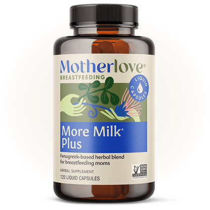 Motherlove Herbal Company More Milk Plus liquid capsules for breastfeeding support, showing the capsules in a clear container.