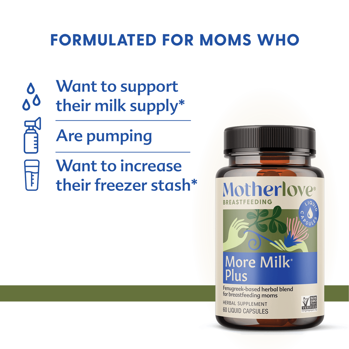 Motherlove More Milk Plus® liquid capsules for breastfeeding support, featuring herbal supplement ingredients.