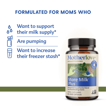 Motherlove More Milk Plus® liquid capsules for breastfeeding support, featuring herbal supplement ingredients.