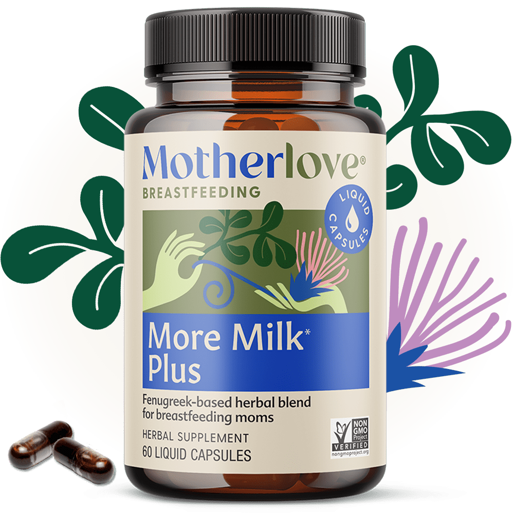 Motherlove More Milk Plus liquid capsules for breastfeeding support, featuring herbal ingredients in a clear bottle.