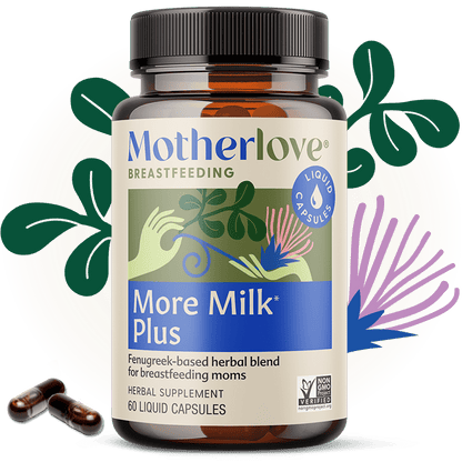 Motherlove More Milk Plus liquid capsules for breastfeeding support, featuring herbal ingredients in a clear bottle.