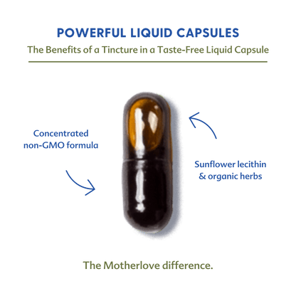 Motherlove More Milk Plus liquid capsules for breastfeeding support, showing the herbal supplement bottles.