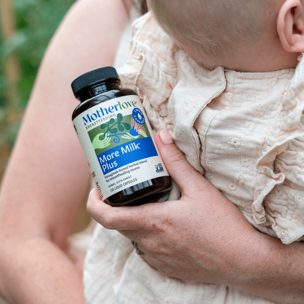 Motherlove Herbal Company More Milk Plus liquid capsules for breastfeeding support, featuring herbal supplement capsules.