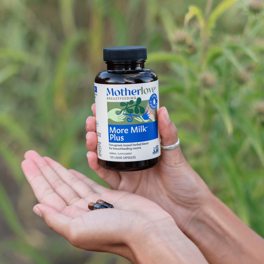 Motherlove More Milk Plus liquid capsules for breastfeeding support, showing the herbal supplement bottle and capsules.