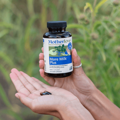 Motherlove More Milk Plus liquid capsules for breastfeeding support, showing the herbal supplement bottle and capsules.