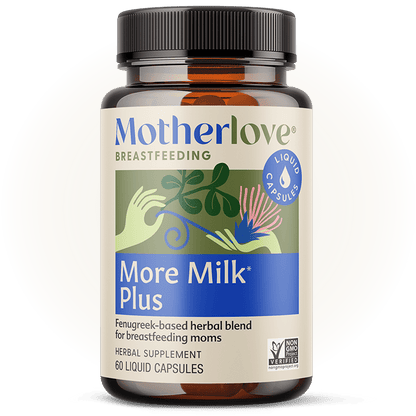 Motherlove More Milk Plus liquid capsules for breastfeeding support, showing the herbal supplement bottle with capsules inside.