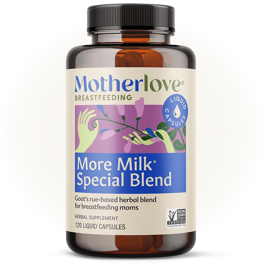 Motherlove More Milk Special Blend liquid capsules for breastfeeding support, featuring herbal ingredients in a clear bottle.