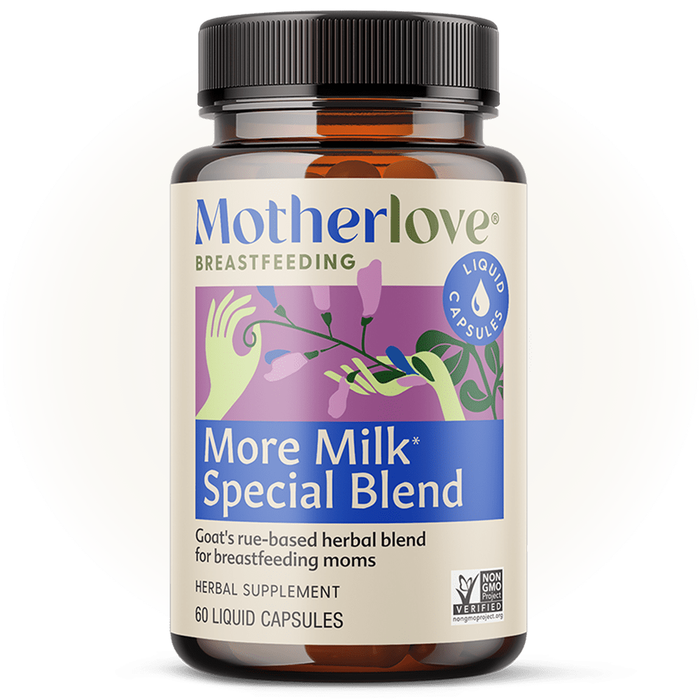 Motherlove More Milk Special Blend Liquid Capsules for breastfeeding support, featuring herbal supplement capsules.