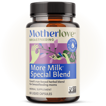 Motherlove More Milk Special Blend Liquid Capsules for breastfeeding support, featuring herbal supplement capsules.