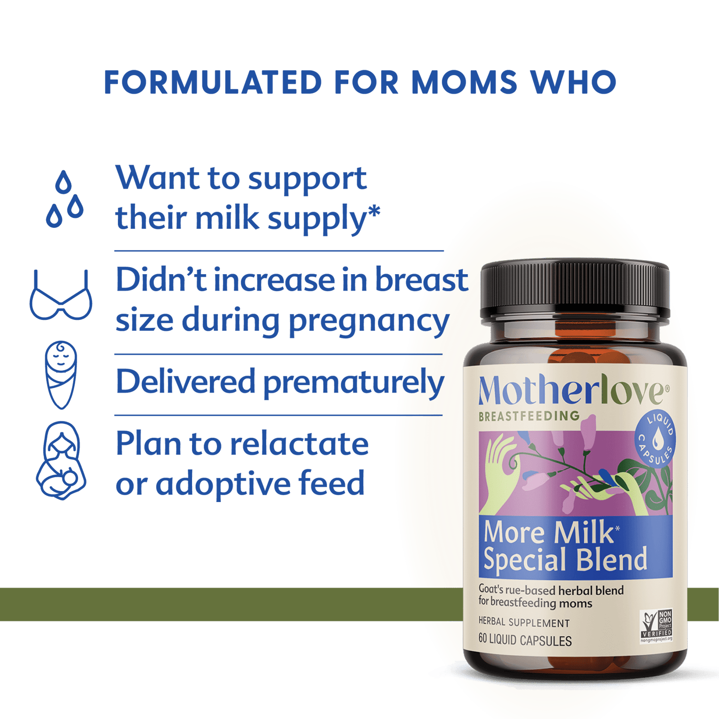 Motherlove More Milk Special Blend liquid capsules for breastfeeding support, featuring herbal supplement in soft gel form.