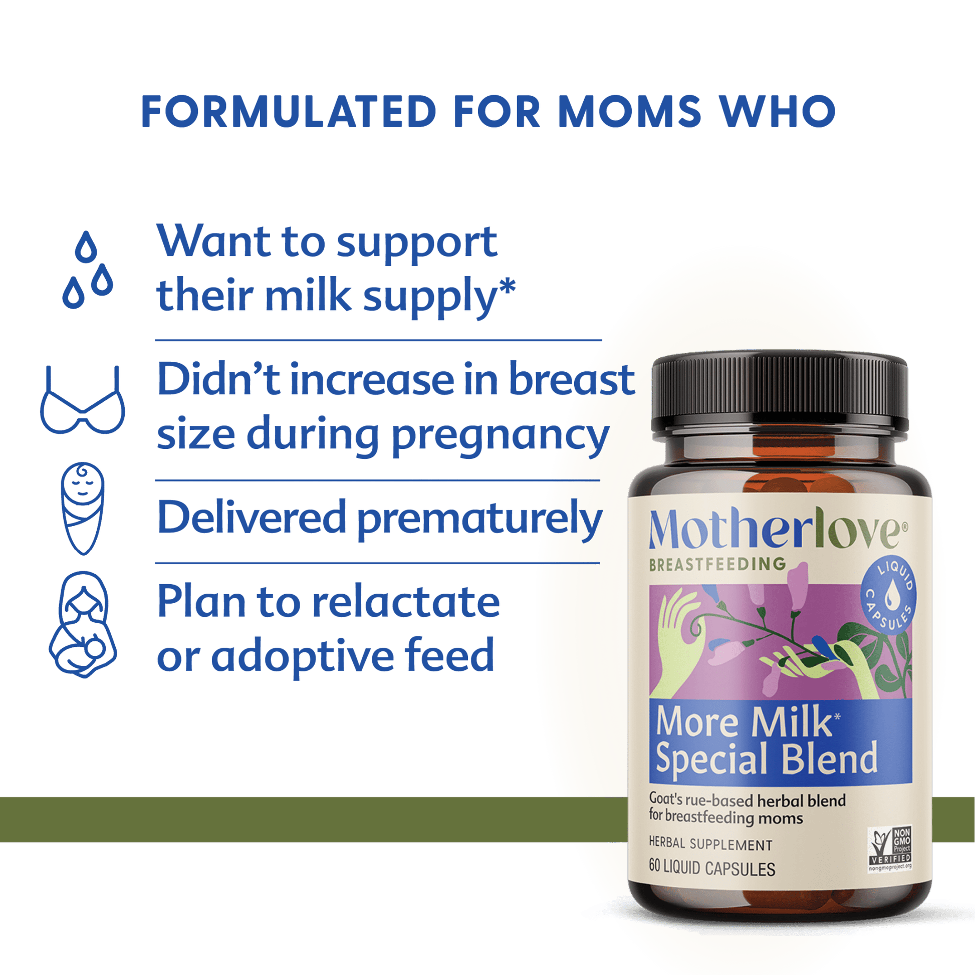 Motherlove More Milk Special Blend liquid capsules for breastfeeding support, featuring herbal supplement in soft gel form.