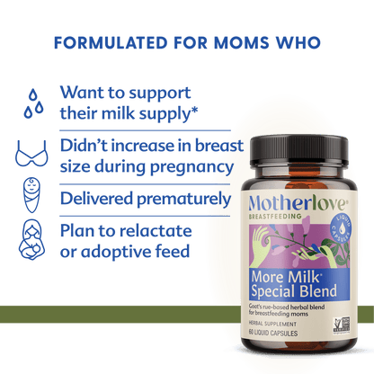 Motherlove More Milk Special Blend liquid capsules for breastfeeding support, featuring herbal supplement in soft gel form.