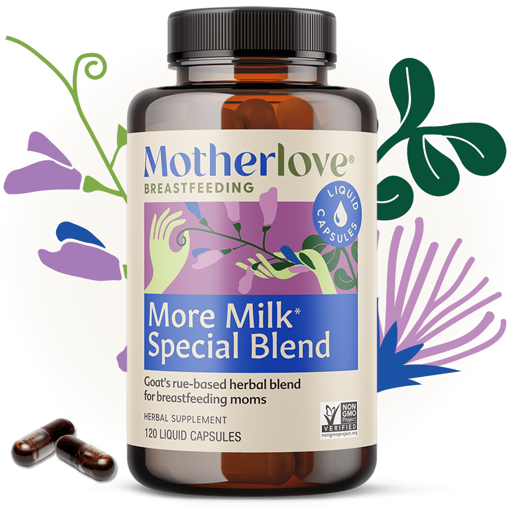 Motherlove More Milk Special Blend liquid capsules for breastfeeding support, featuring herbal supplement packaging.