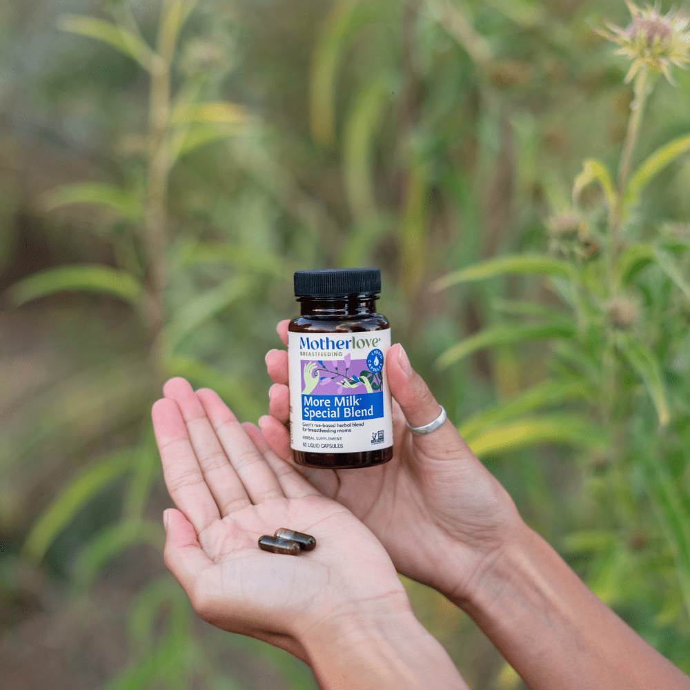 Motherlove More Milk Special Blend Liquid Capsules for breastfeeding support, showing the herbal supplement bottle.