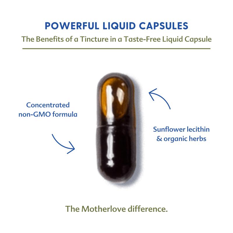 Motherlove More Milk Special Blend liquid capsules for breastfeeding support, featuring herbal supplement in soft gel form.