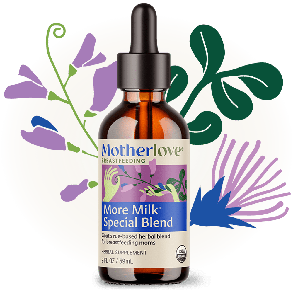 Motherlove Herbal Company More Milk Special Blend Tincture for breastfeeding, featuring herbal ingredients in a glass dropper bottle.
