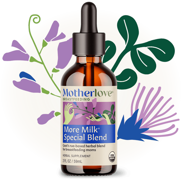 Motherlove Herbal Company More Milk Special Blend Tincture for breastfeeding, featuring herbal ingredients in a glass dropper bottle.