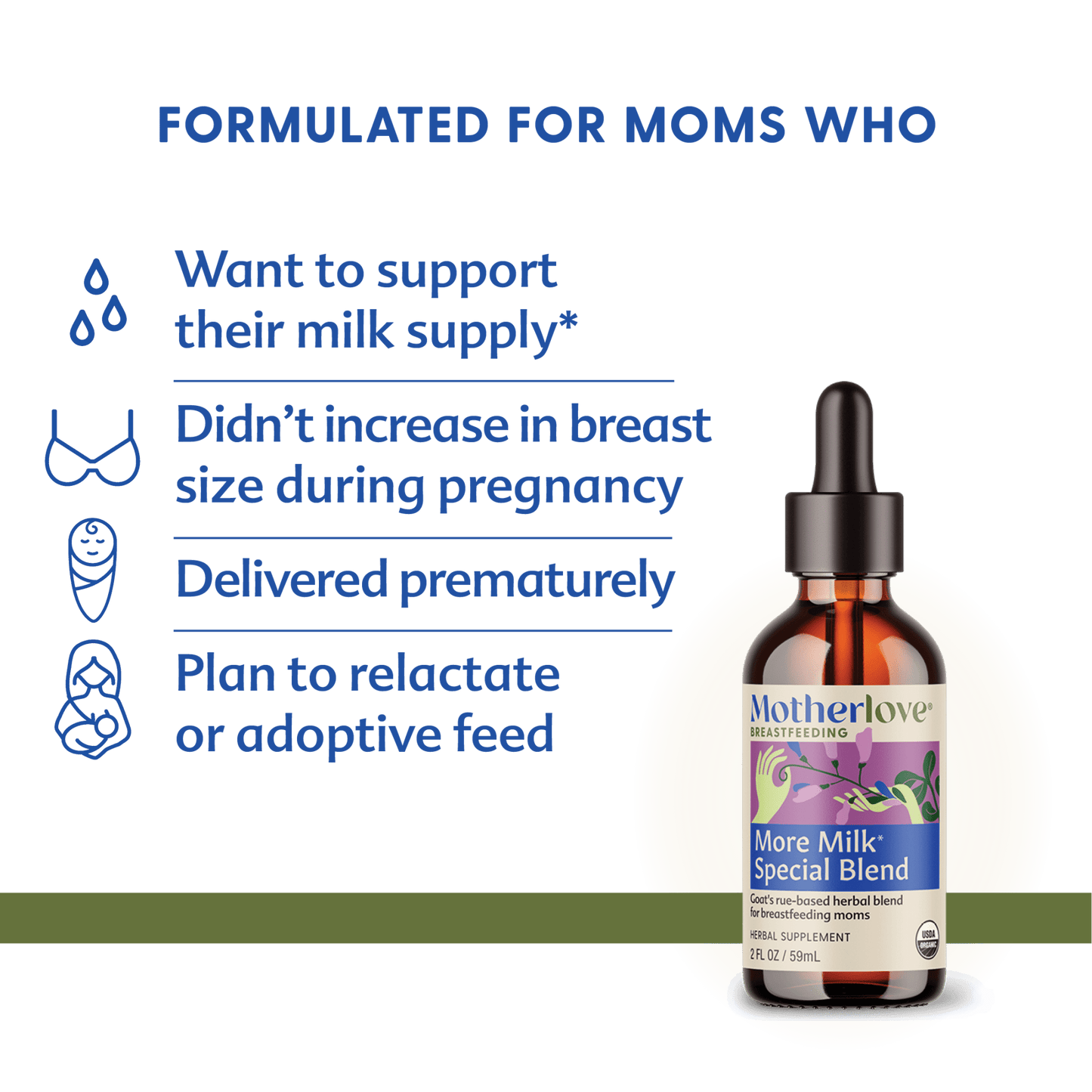 Bottle of Motherlove Herbal Company More Milk® Special Blend breastfeeding tincture with herbal ingredients for lactation support
