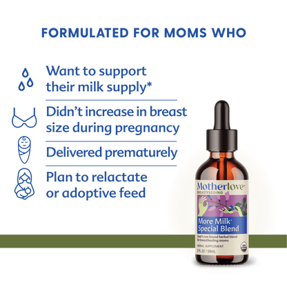 Bottle of Motherlove Herbal Company More Milk® Special Blend breastfeeding tincture with herbal ingredients for lactation support