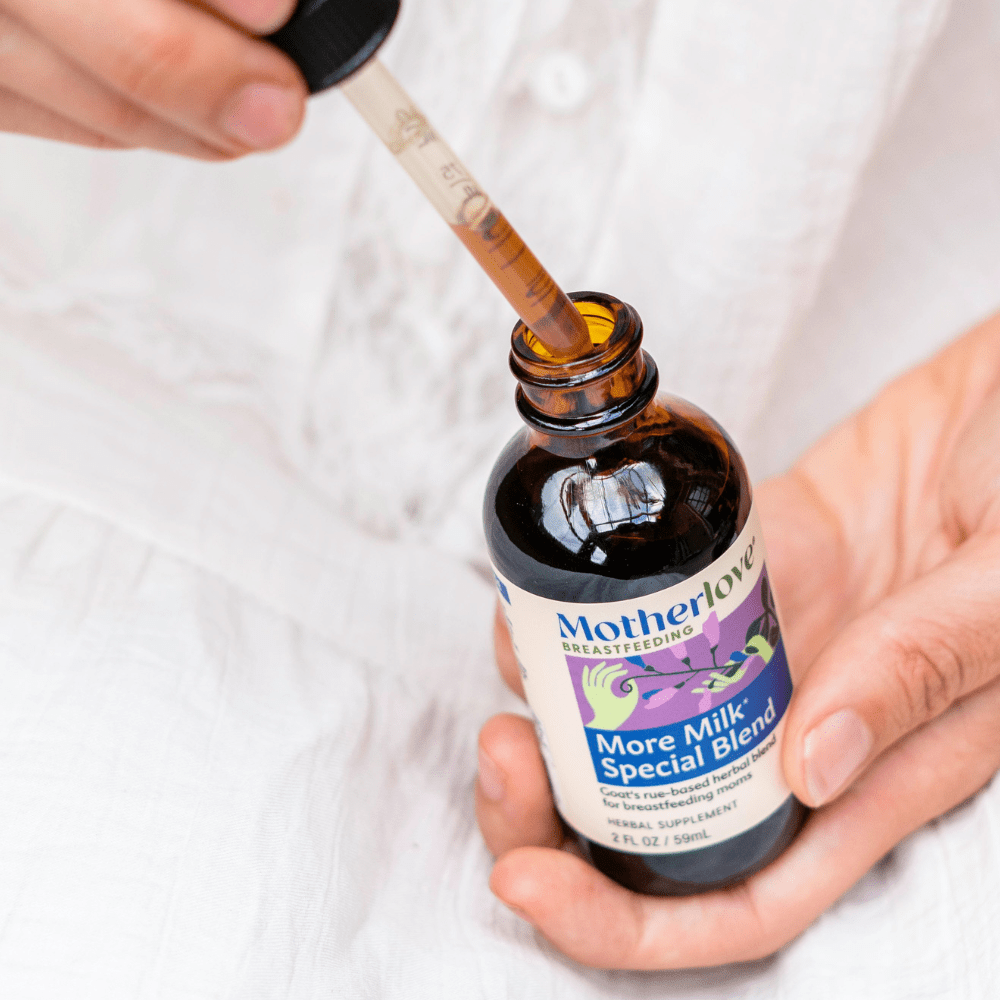Motherlove Herbal Company More Milk Special Blend tincture for breastfeeding, showing the dropper bottle and herbal ingredients.