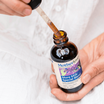 Motherlove Herbal Company More Milk Special Blend tincture for breastfeeding, showing the dropper bottle and herbal ingredients.
