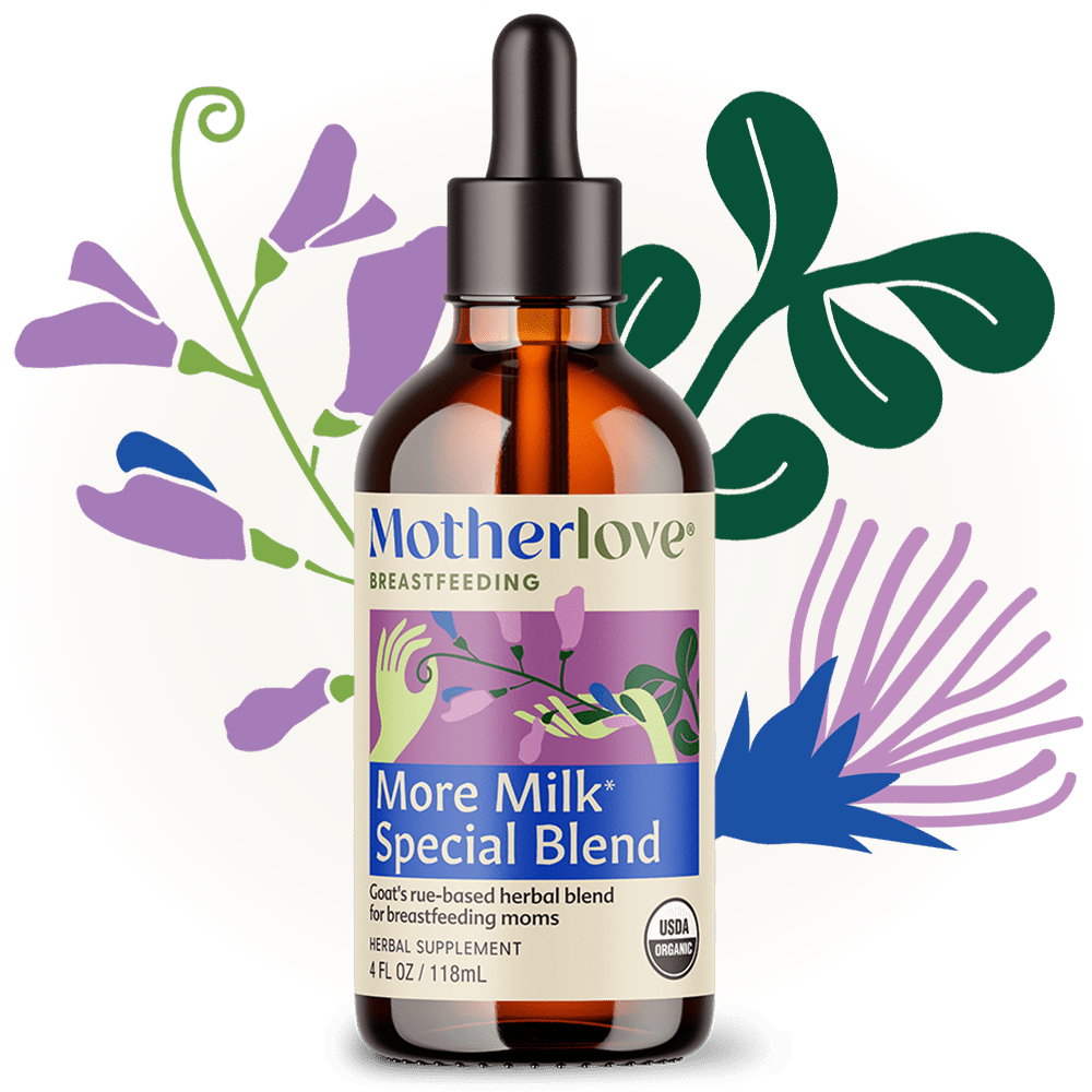 Motherlove Herbal Company More Milk Special Blend breastfeeding tincture bottle with dropper for lactation support.
