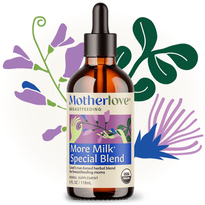 Motherlove Herbal Company More Milk Special Blend breastfeeding tincture bottle with dropper for lactation support.
