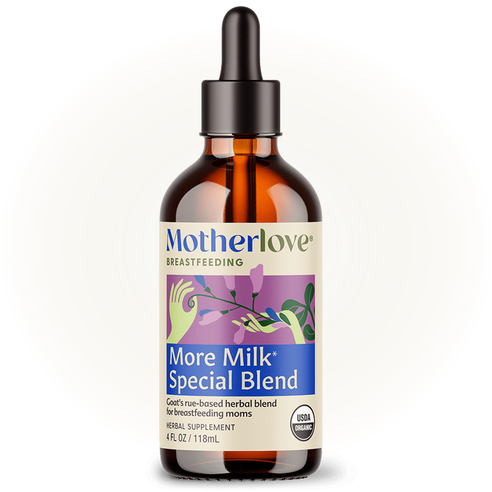 Motherlove Herbal Company More Milk Special Blend Tincture for breastfeeding, showing the herbal supplement bottle and packaging.