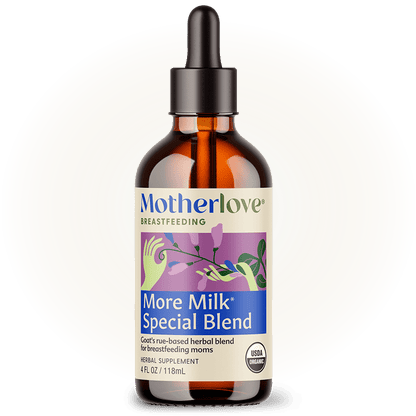 Motherlove Herbal Company More Milk Special Blend Tincture for breastfeeding, showing the herbal supplement bottle and packaging.
