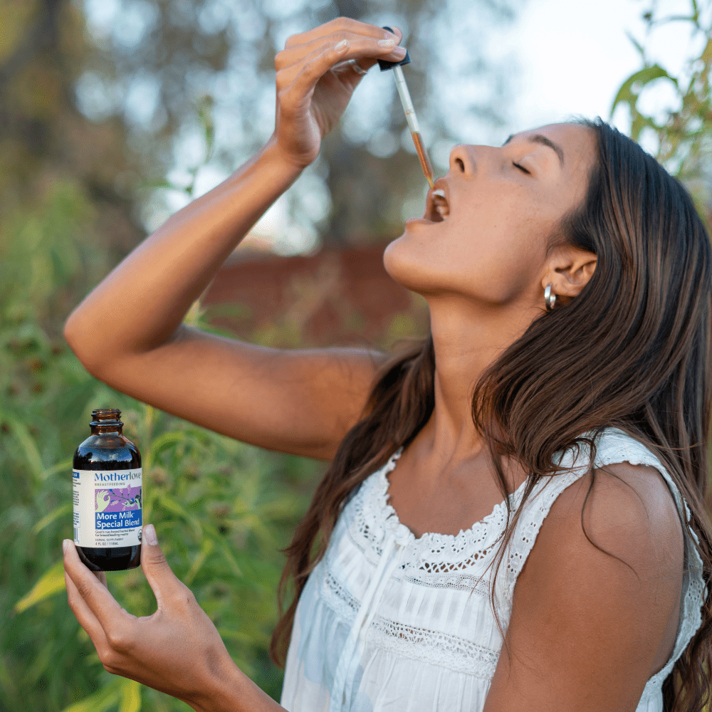Motherlove Herbal Company More Milk Special Blend breastfeeding tincture bottle with dropper for lactation support.