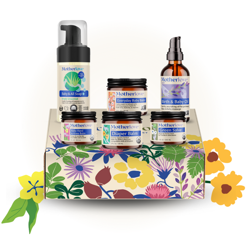 Motherlove Herbal Company baby care gift box with herbal products, featuring soothing baby essentials and natural packaging.