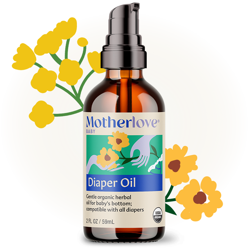 Baby diaper oil by Motherlove Herbal Company, natural herbal formula in a bottle for soothing and protecting delicate baby skin.